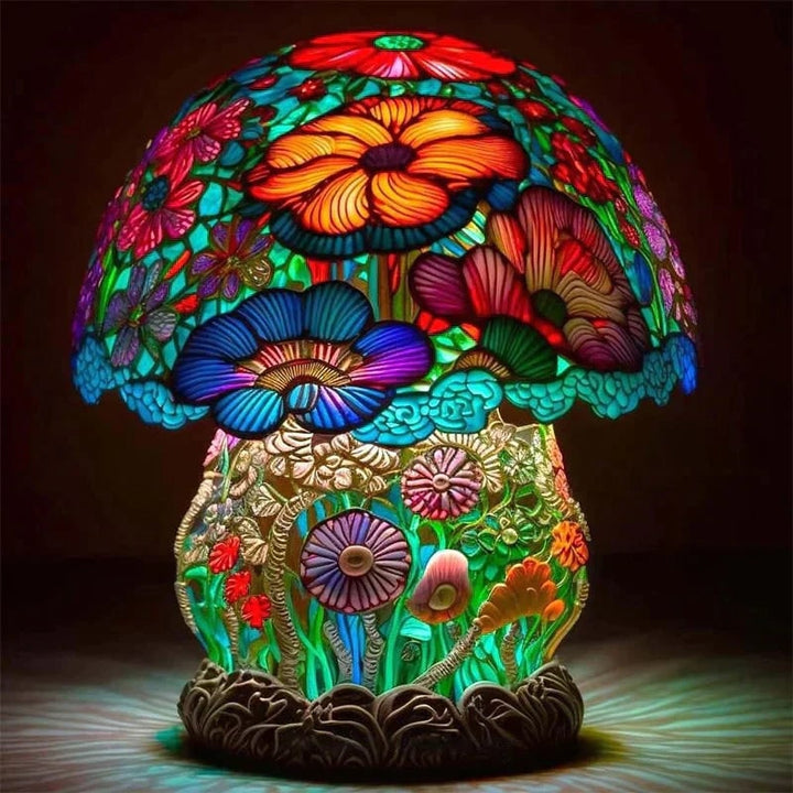 Tafellamp in glas-in-loodstijl met groen effect, decoratieve kap van hars en warm ledlicht