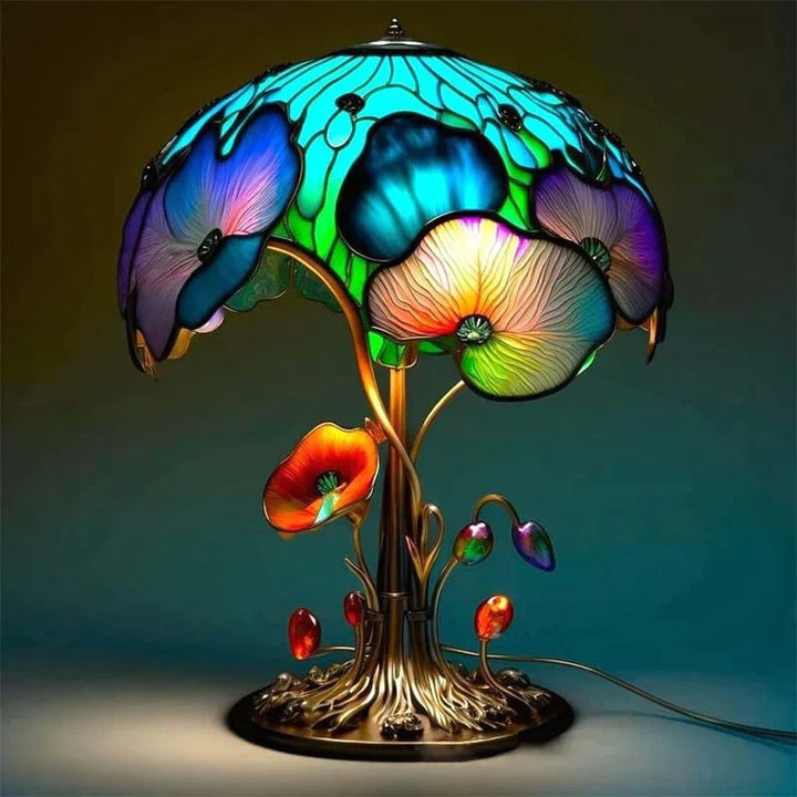 Tafellamp in glas-in-loodstijl met groen effect, decoratieve kap van hars en warm ledlicht
