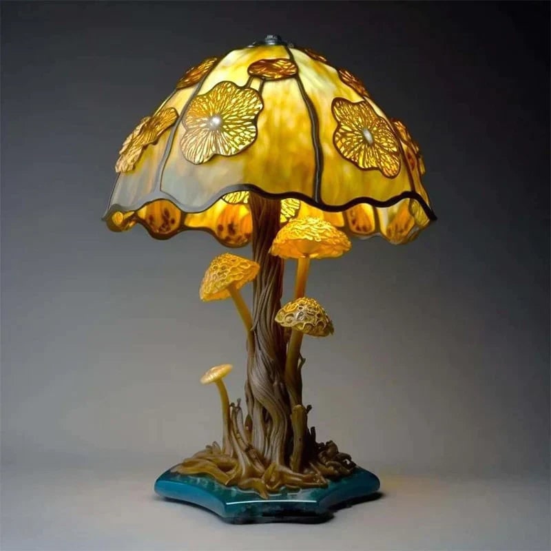 Tafellamp in glas-in-loodstijl met groen effect, decoratieve kap van hars en warm ledlicht