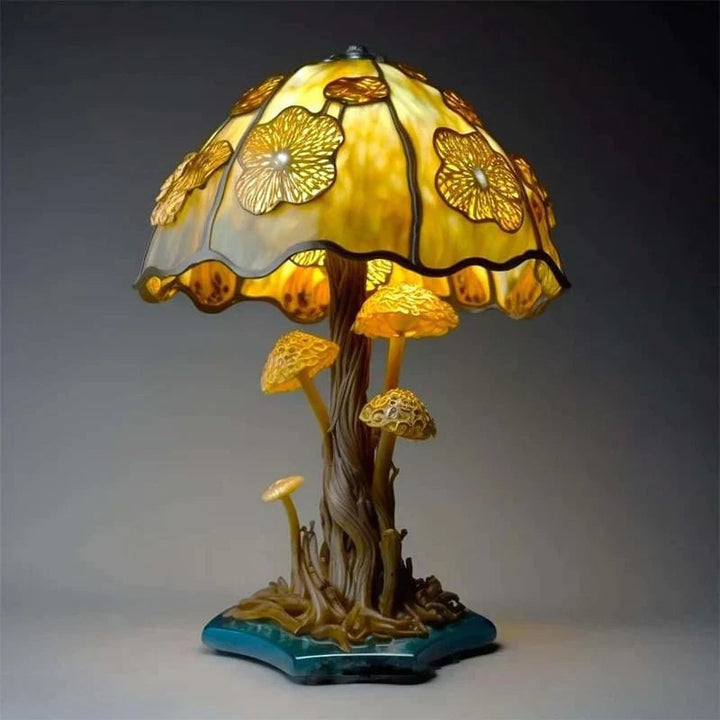 Tafellamp in glas-in-loodstijl met groen effect, decoratieve kap van hars en warm ledlicht