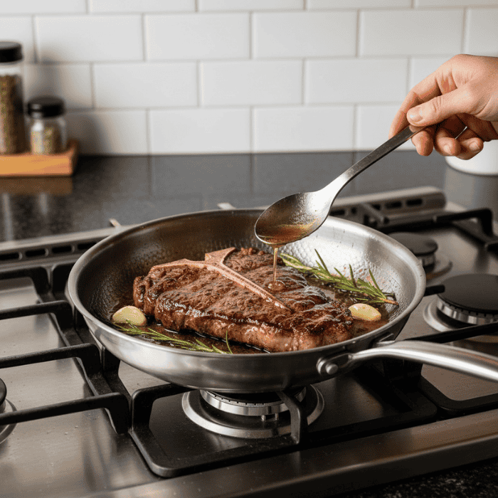 Roestvrijstalen koekenpan zonder coating, gehamerd, geborsteld, ergonomisch handvat