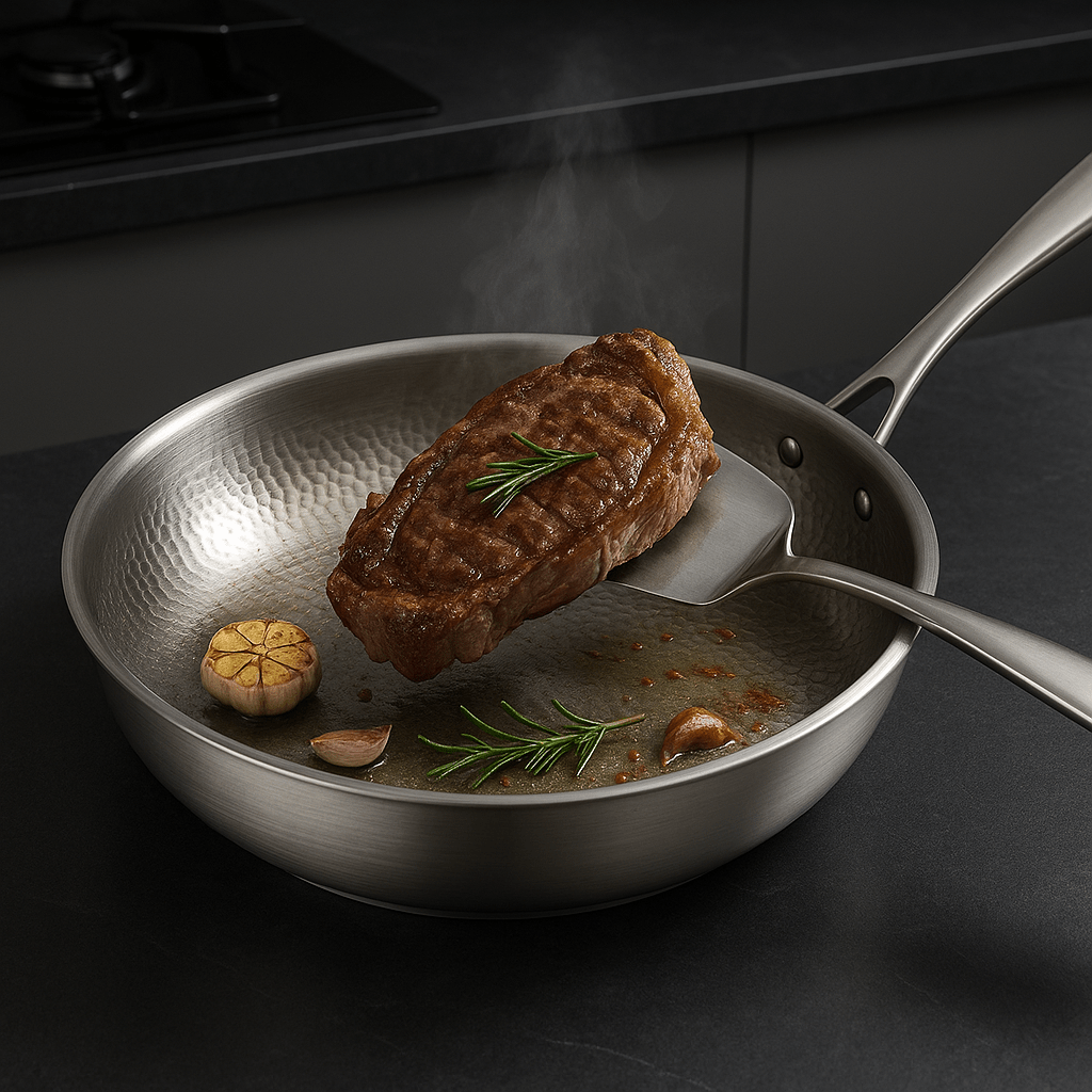 Roestvrijstalen koekenpan zonder coating, gehamerd, geborsteld, ergonomisch handvat