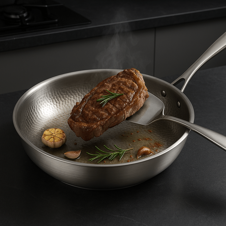 Roestvrijstalen koekenpan zonder coating, gehamerd, geborsteld, ergonomisch handvat