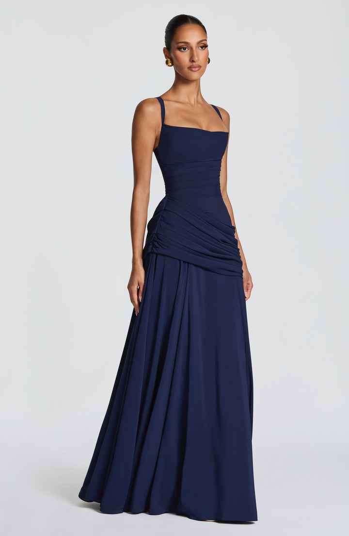 Destiny maxi-jurk van chiffon met waterval-hals en rugveter