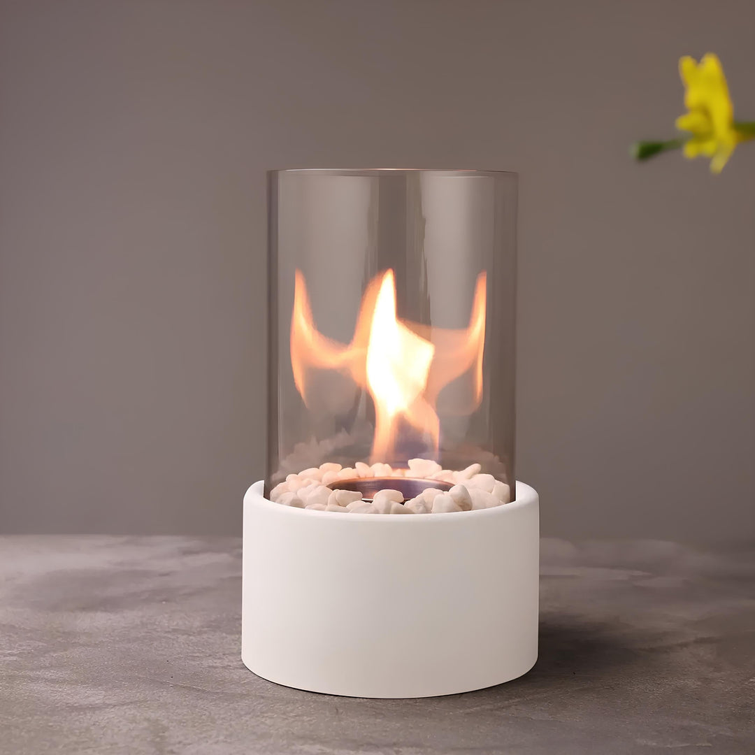 Tafelhaard bioethanol, glazen cilinder met kiezels, draagbare ethanolhaard voor op tafel