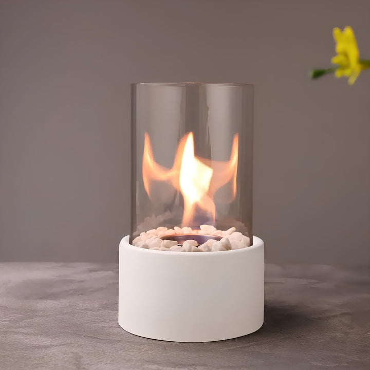 Tafelhaard bioethanol, glazen cilinder met kiezels, draagbare ethanolhaard voor op tafel
