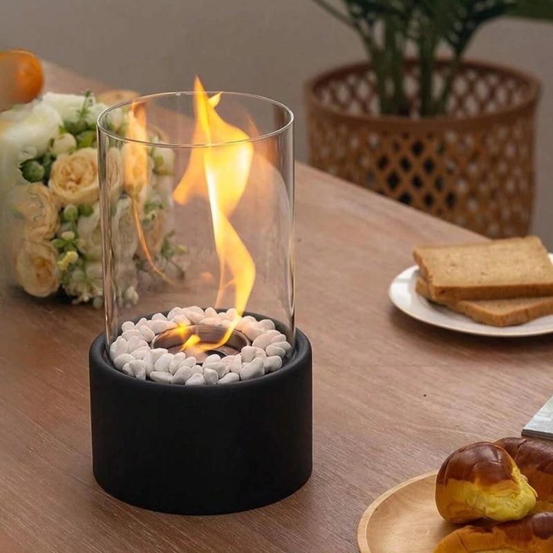 Tafelhaard bioethanol, glazen cilinder met kiezels, draagbare ethanolhaard voor op tafel