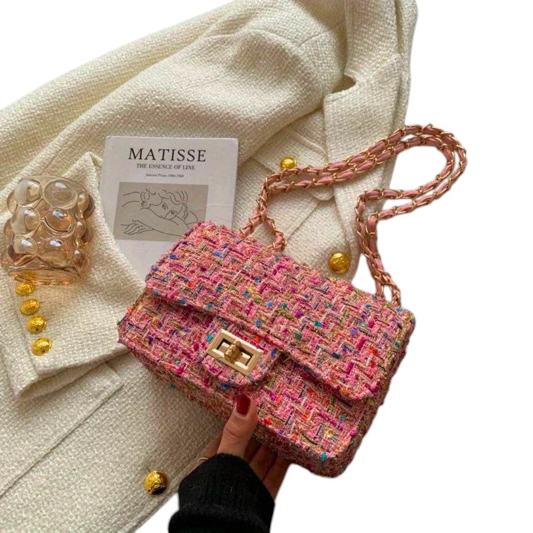 Schoudertas van tweed met kettingriem