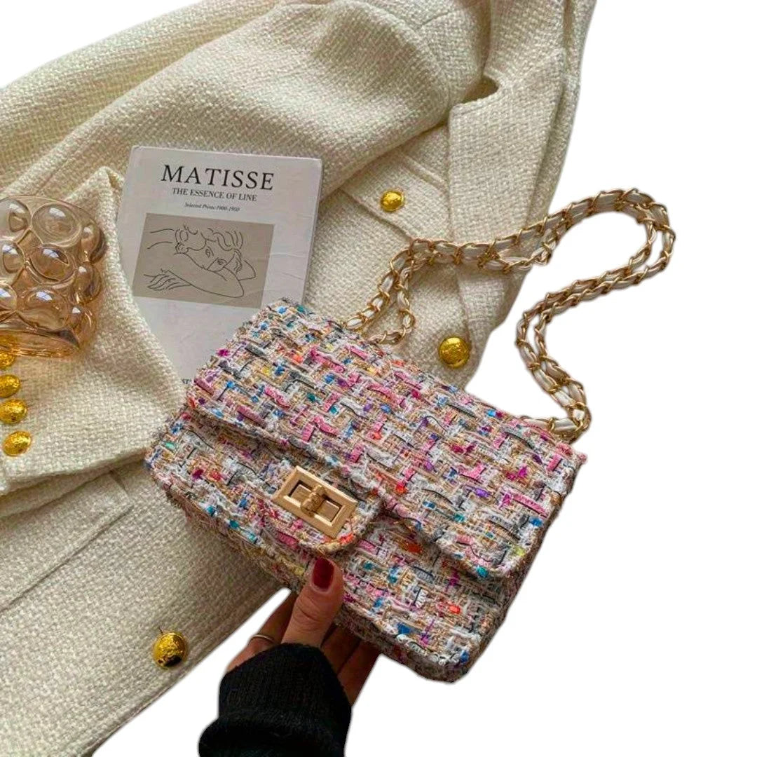 Schoudertas van tweed met kettingriem