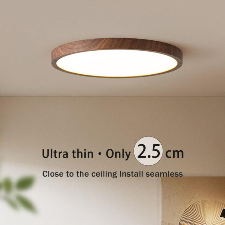 Ultradunne ronde plafondlamp van notenhout voor elegante, moderne ruimtes