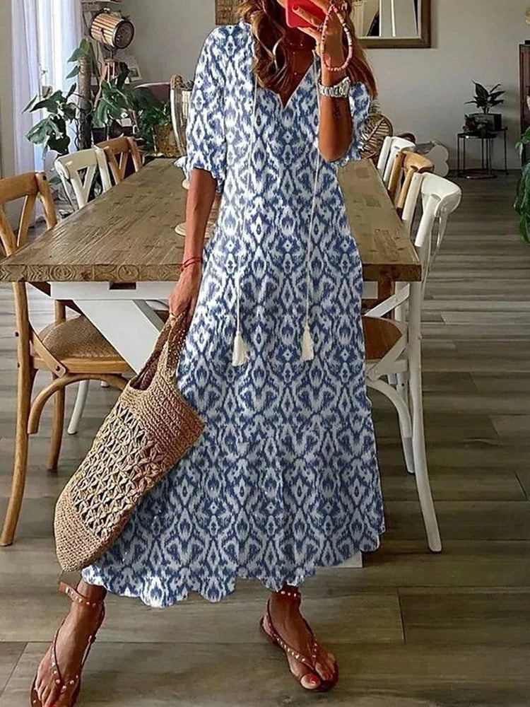 Isla - Lange Bohemien Jurk met Blad- en Streepmotieven - SkinzLine