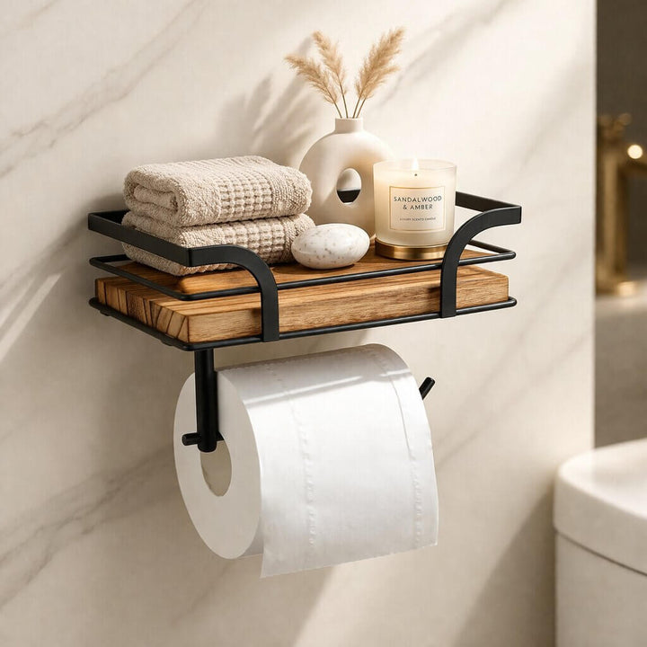 Wandmontage toiletpapierhouder met plank voor telefoon en tissues