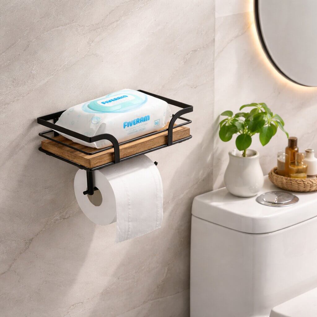 Wandmontage toiletpapierhouder met plank voor telefoon en tissues