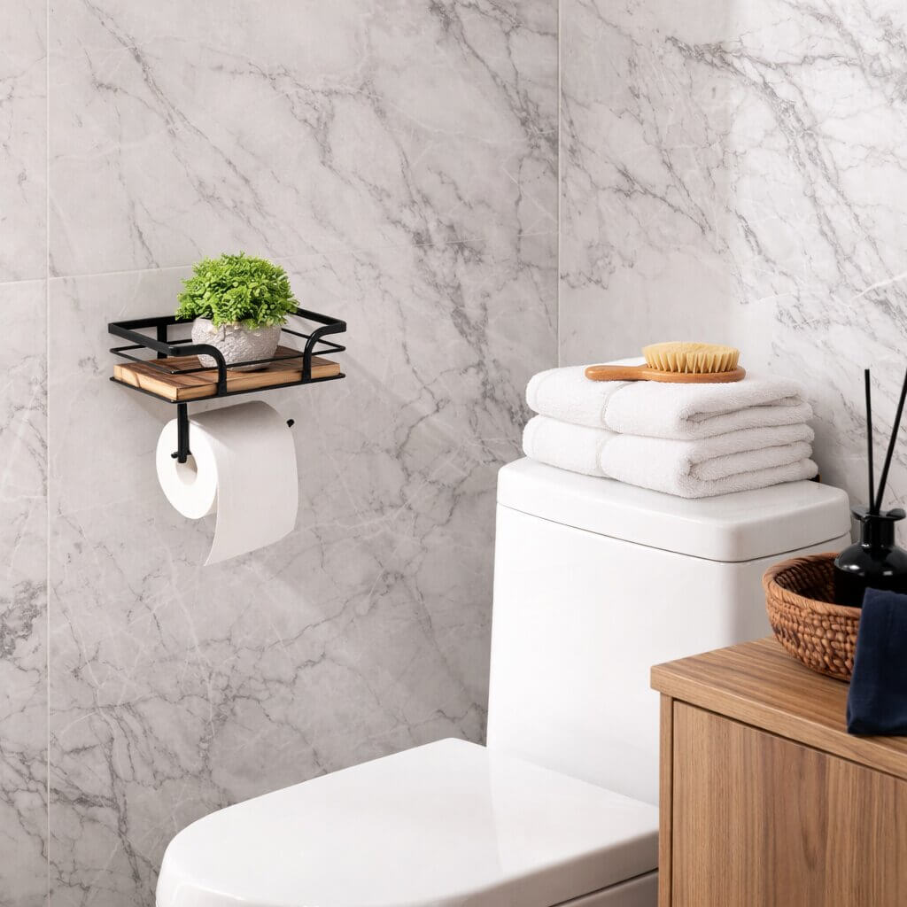 Toiletrolhouder voor wandmontage met plankje voor telefoon en doekjes