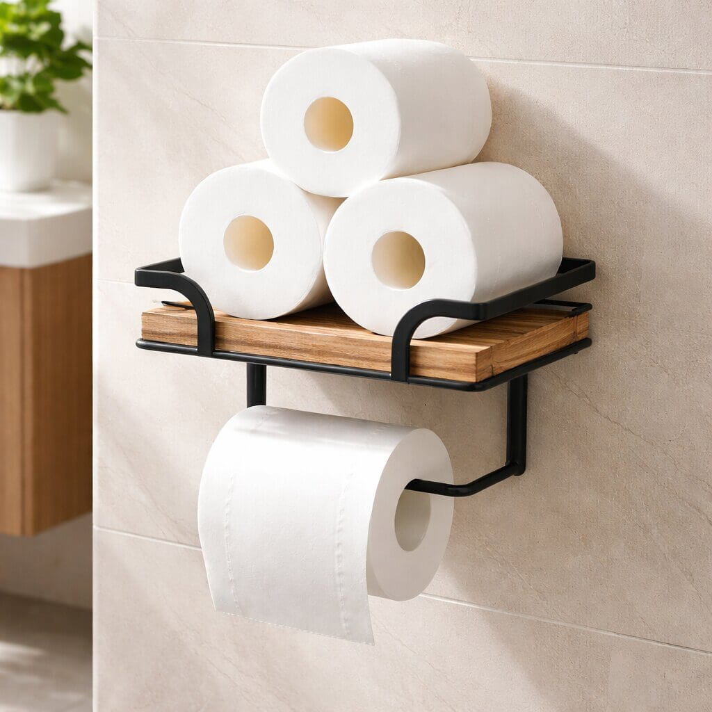 Wandmontage toiletpapierhouder met plank voor telefoon en tissues