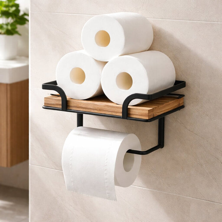Toiletrolhouder voor wandmontage met plankje voor telefoon en doekjes