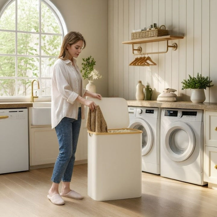 Wasmand met deksel | Wassorteerder met 3 vakken in Zwart, Beige en Grijs | WäscheBox