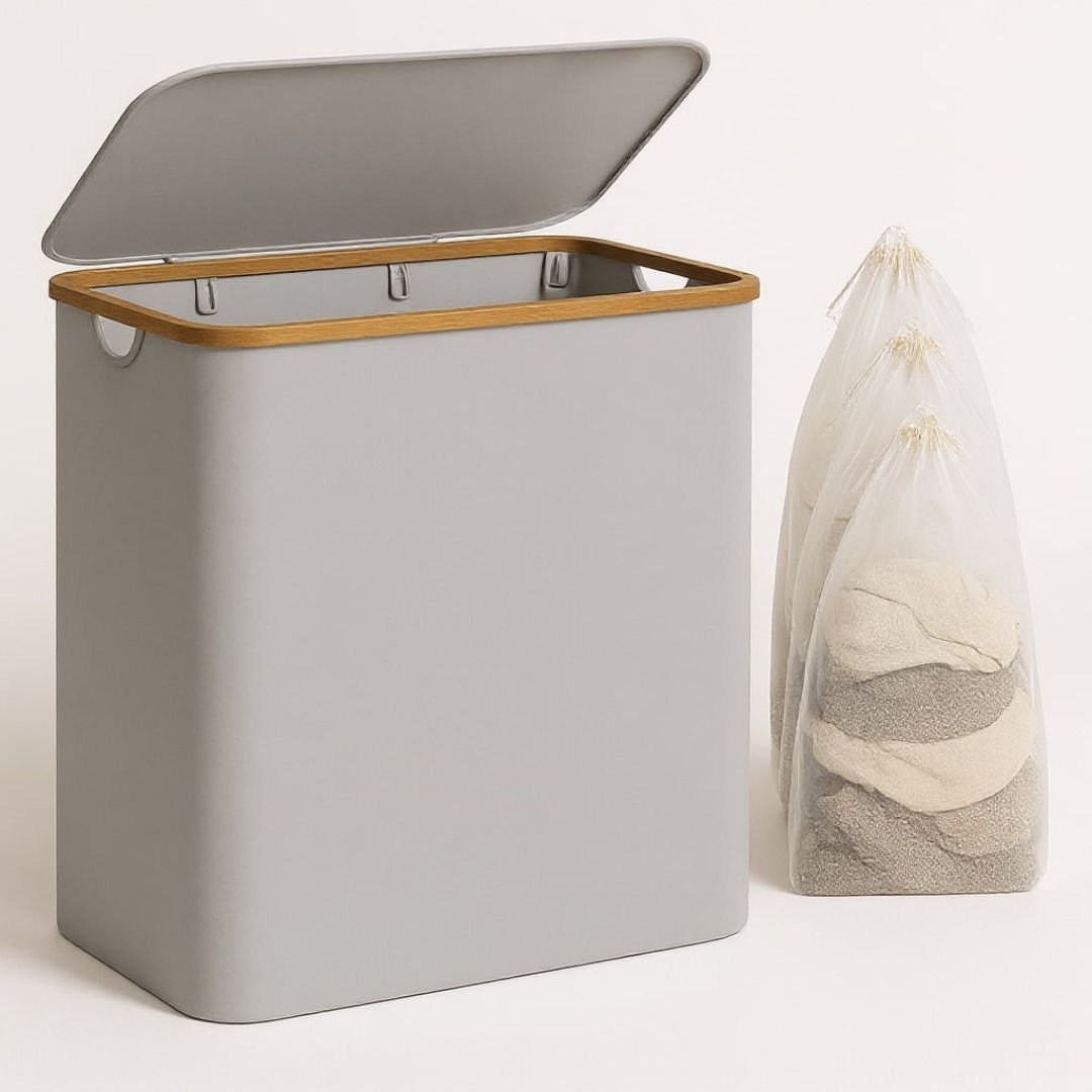 Wasmand met deksel | Wassorteerder met 3 vakken in Zwart, Beige en Grijs | WäscheBox