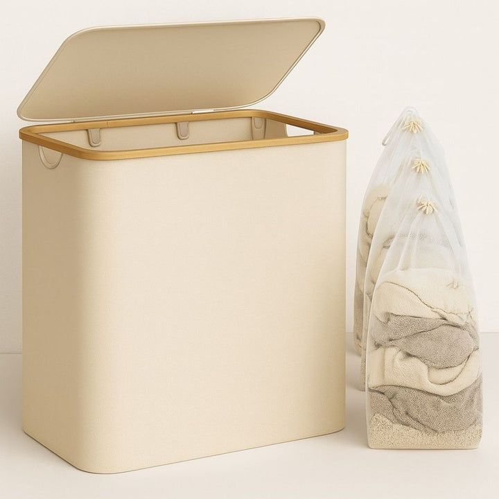 Wasmand met deksel | Wassorteerder met 3 vakken in Zwart, Beige en Grijs | WäscheBox