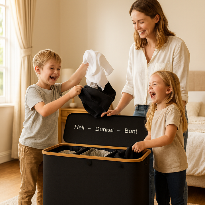 Wasmand met deksel | Wassorteerder met 3 vakken in Zwart, Beige en Grijs | WäscheBox