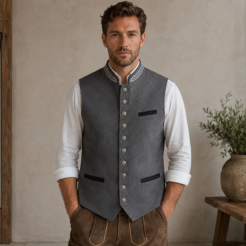 Heren grijs gilet in Beierse stijl met knopen