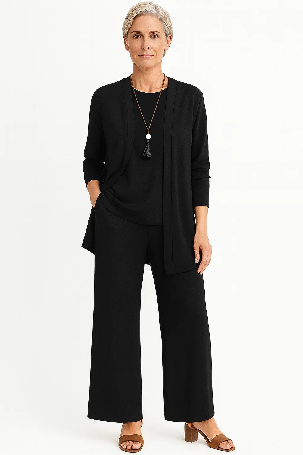 Dames 3-delige gebreide set met vest, top en wijde broek