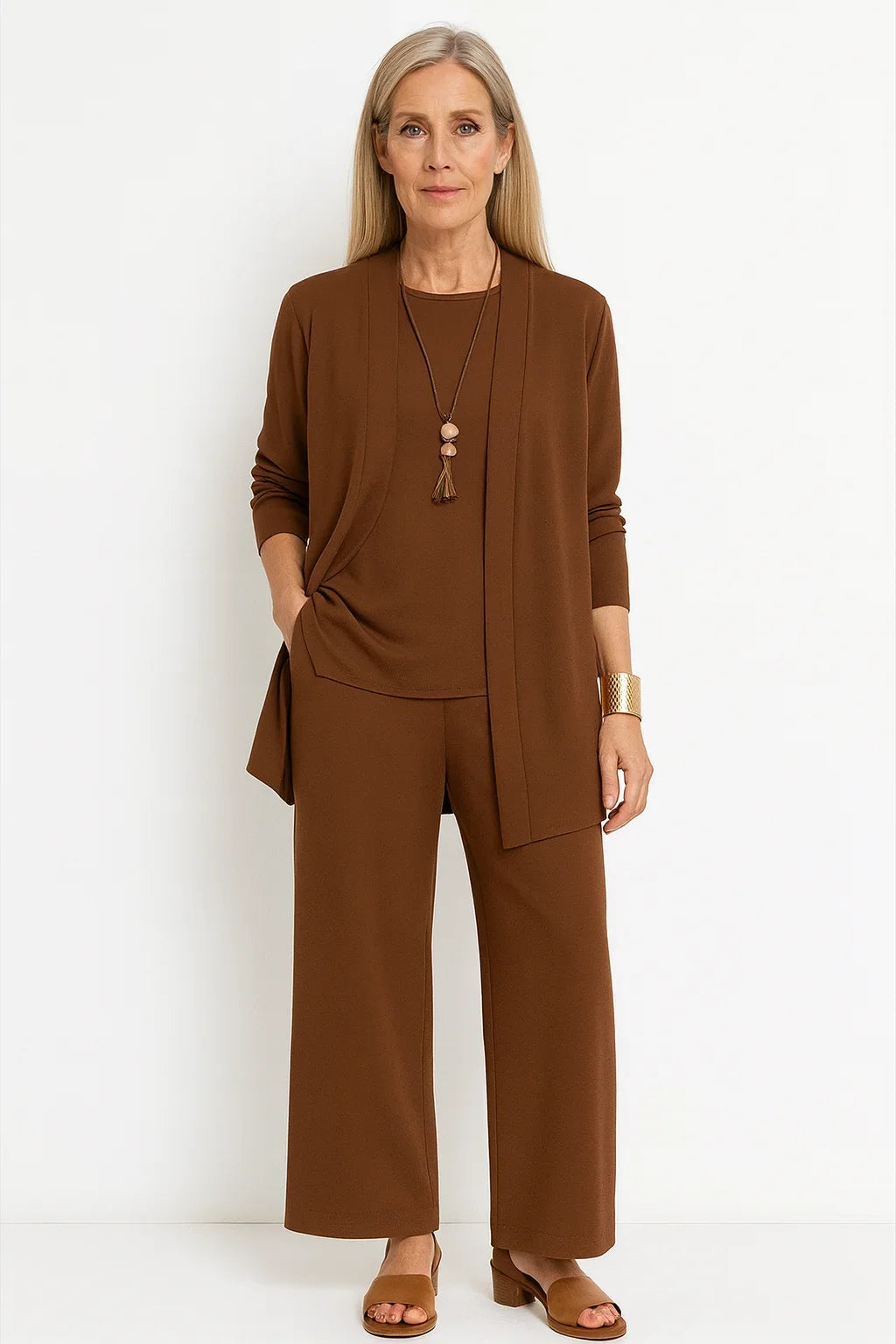 Dames 3-delige gebreide set met vest, top en wijde broek