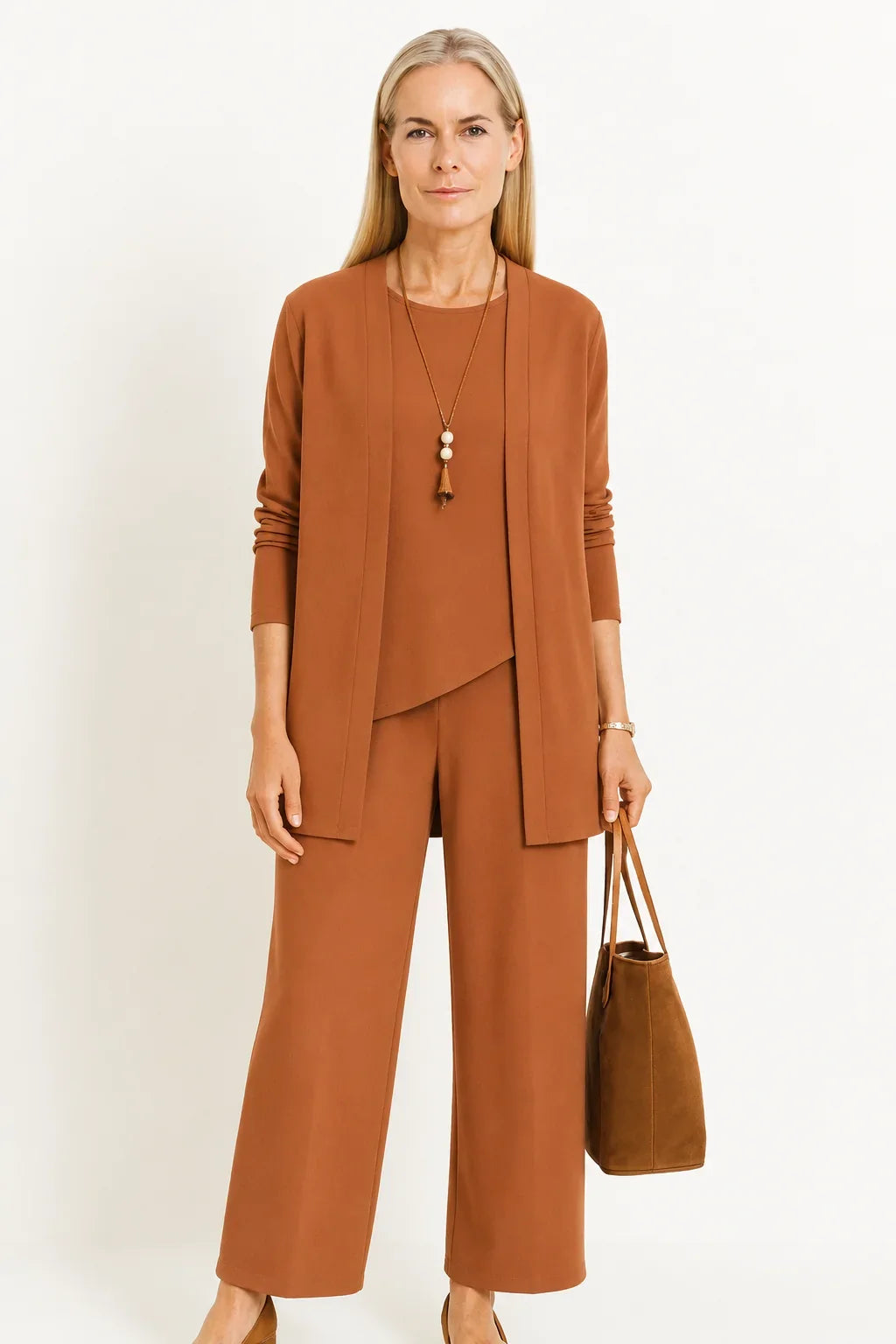 Dames 3-delige gebreide set met vest, top en wijde broek