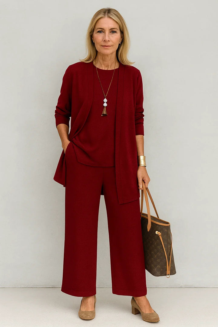 Dames 3-delige gebreide set met vest, top en wijde broek