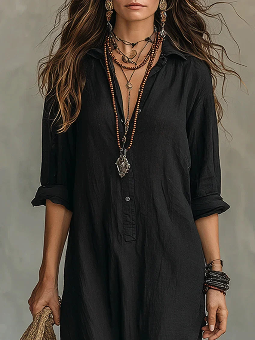 Boho relaxed maxi-jurk met overhemdmodel