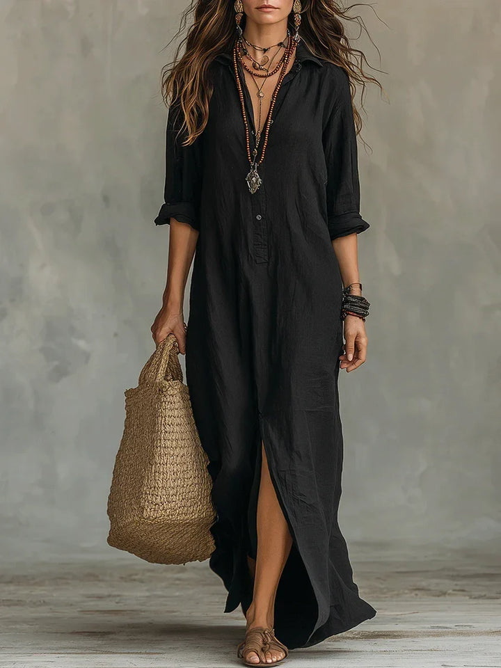 Boho relaxed maxi-jurk met overhemdmodel
