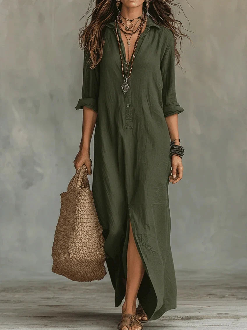 Boho relaxed maxi-jurk met overhemdmodel