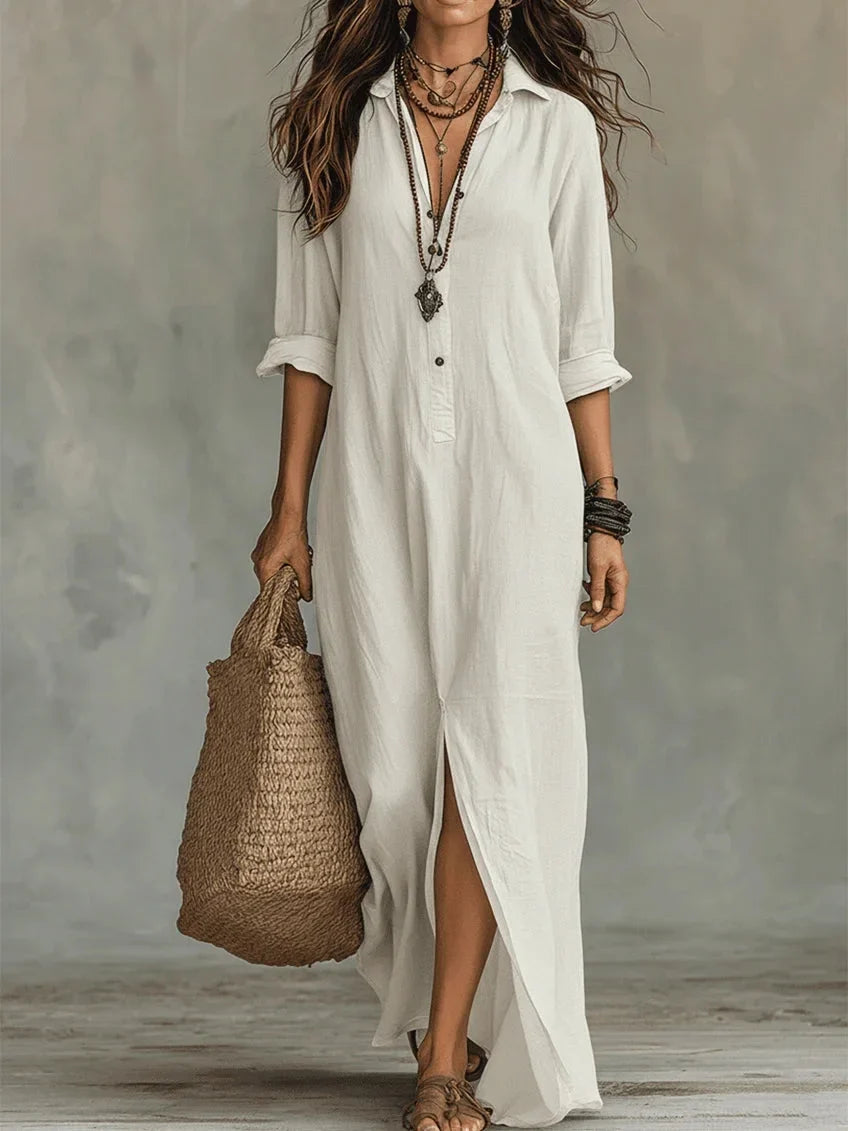 Boho relaxed maxi-jurk met overhemdmodel
