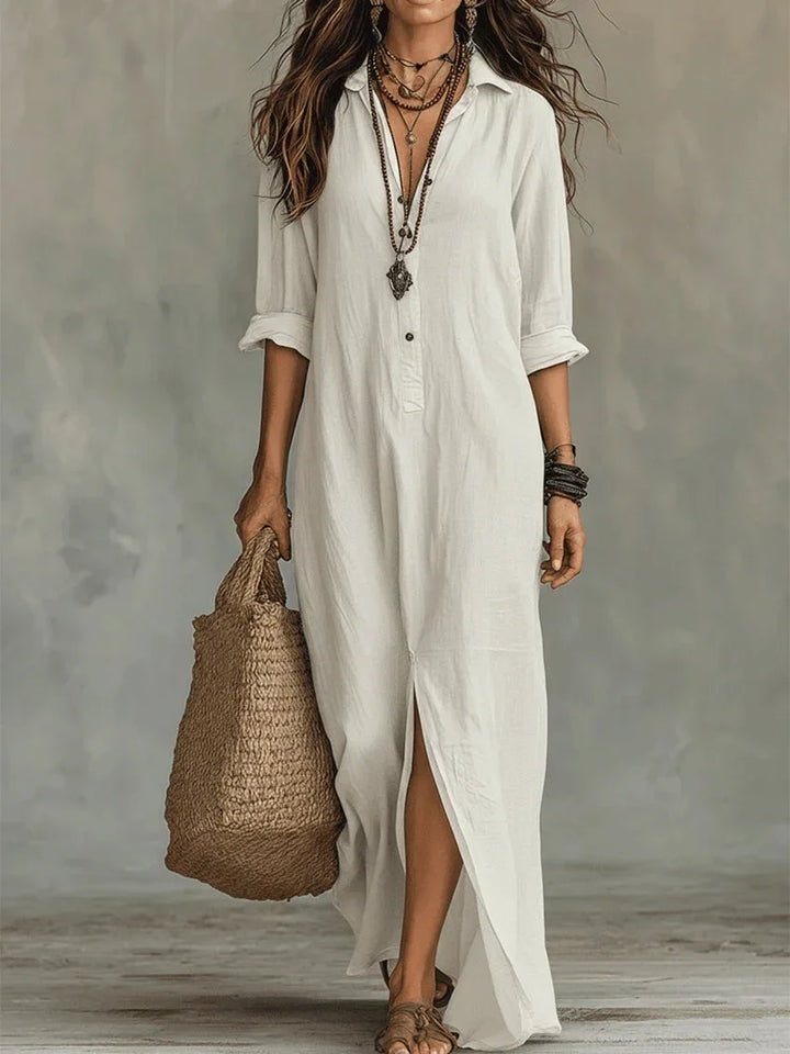 Boho relaxed maxi-jurk met overhemdmodel