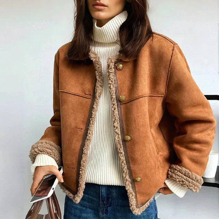 Bruin aviatorjack van imitatiesuede met shearling voering