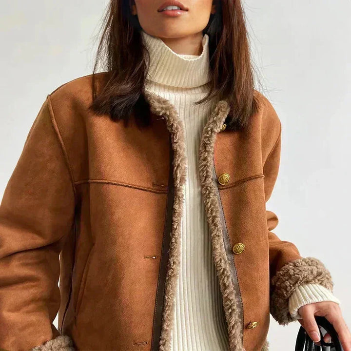 Bruin aviatorjack van imitatiesuede met shearling voering