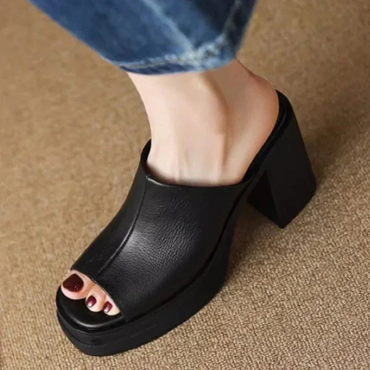 Dames leren platform muiltjes met peeptoe