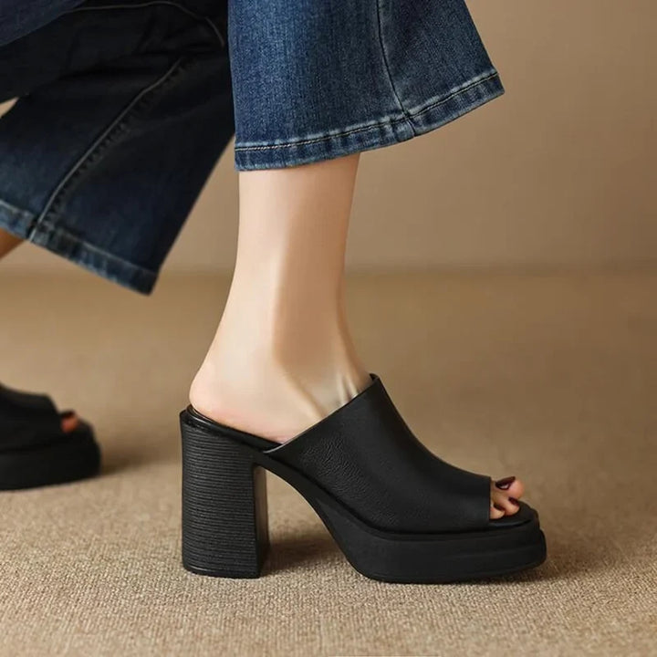Dames leren platform muiltjes met peeptoe