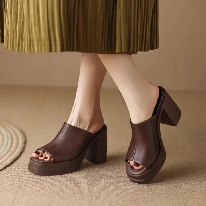 Dames leren platform muiltjes met peeptoe