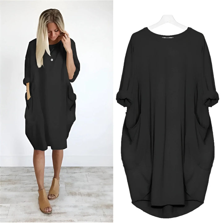 Oversized midi-jurk met 3/4 mouwen en plakzakken