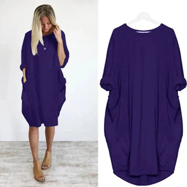 Oversized midi-jurk met 3/4 mouwen en plakzakken