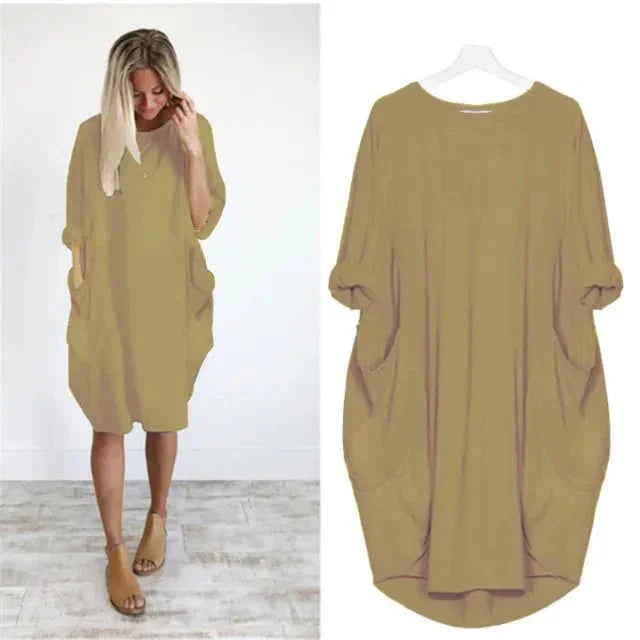 Oversized midi-jurk met 3/4 mouwen en plakzakken