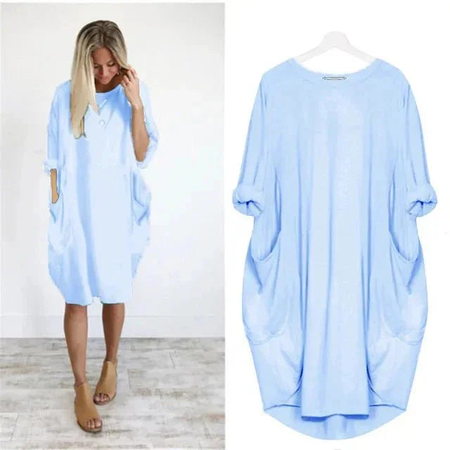 Oversized midi-jurk met 3/4 mouwen en plakzakken