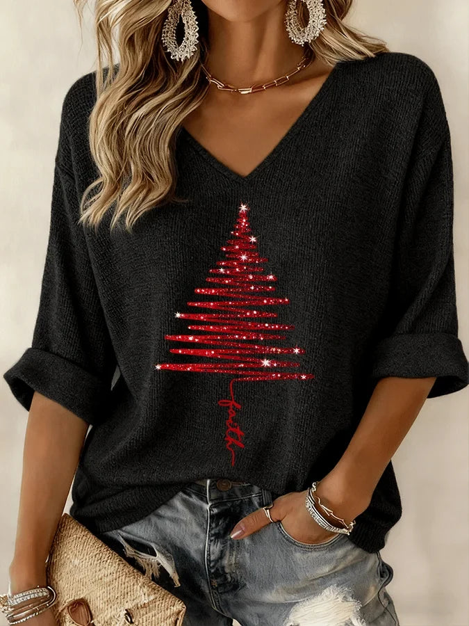 Kerst gebreide blouse met printopdruk en V-hals