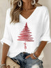 Kerst gebreide blouse met printopdruk en V-hals