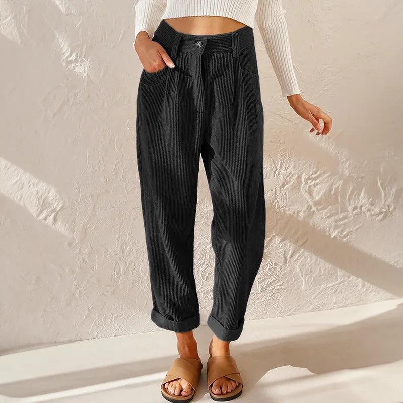 Corduroy broek met hoge taille en plooien, tapered