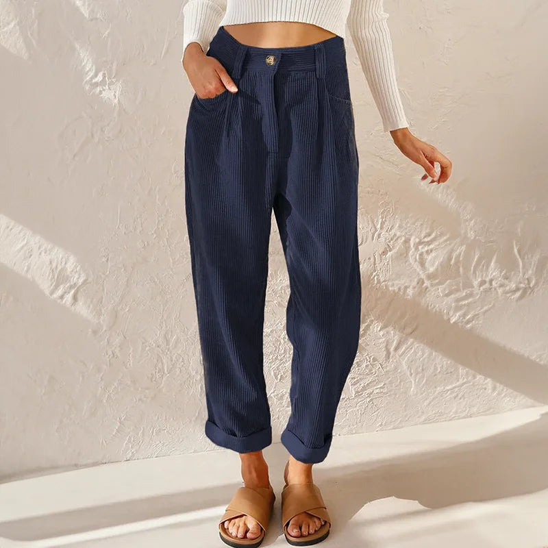 Corduroy broek met hoge taille en plooien, tapered