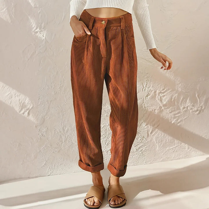 Corduroy broek met hoge taille en plooien, tapered