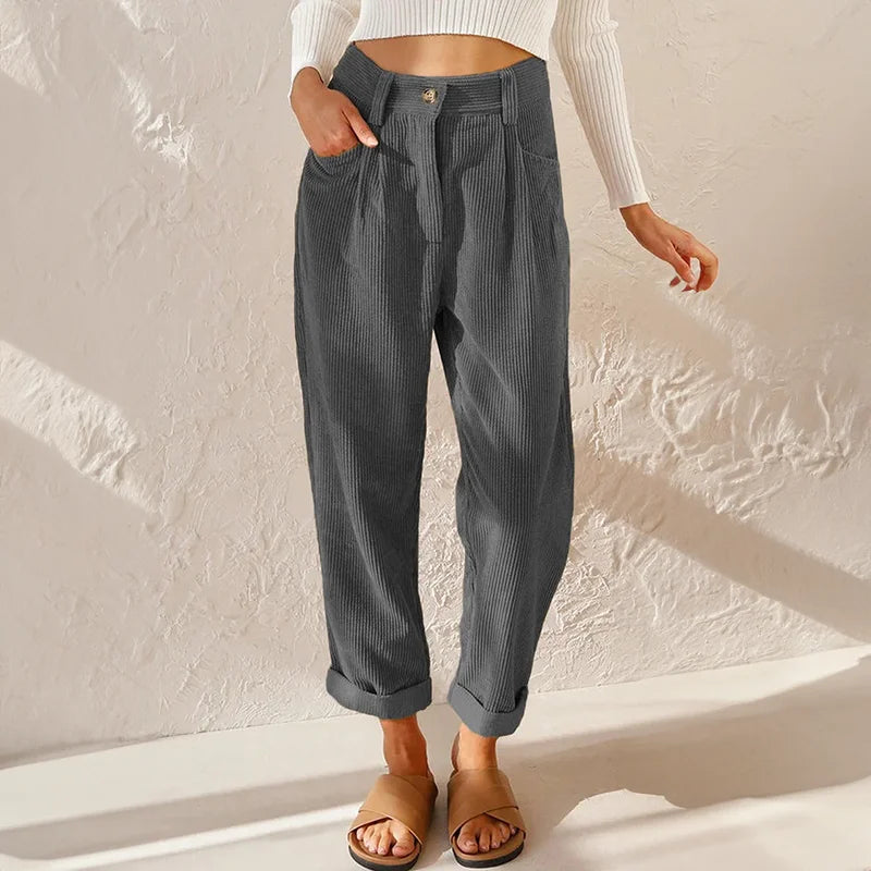 Corduroy broek met hoge taille en plooien, tapered