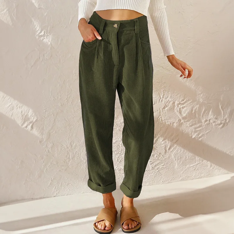 Corduroy broek met hoge taille en plooien, tapered